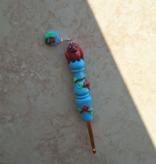 Polymer clay cardinal bird on turquoise clay crochet hook