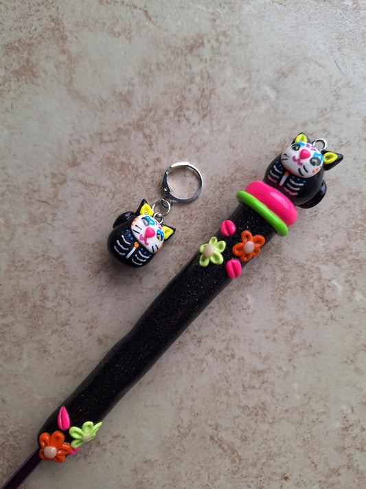 Polymer clay sugar skull kitty cat day of the dead crochet hook