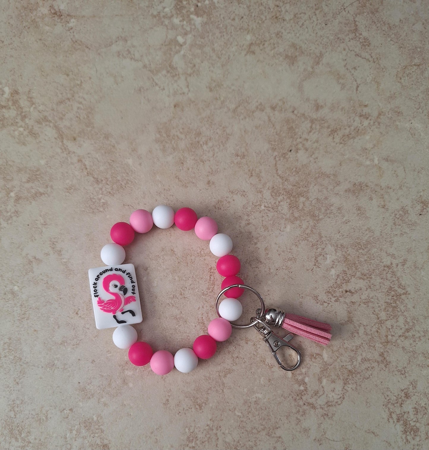 Silicone beaded wristlet keychain pink flamingo / flock around silicone beaded wristlet keychain / flamingo bag accessories key chain gift