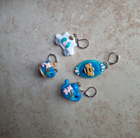 Stitch markers set 4 elegant tea party / bee cameo teapot cup stitchmarkers/ english royal tea party stitch markers knitting accessories