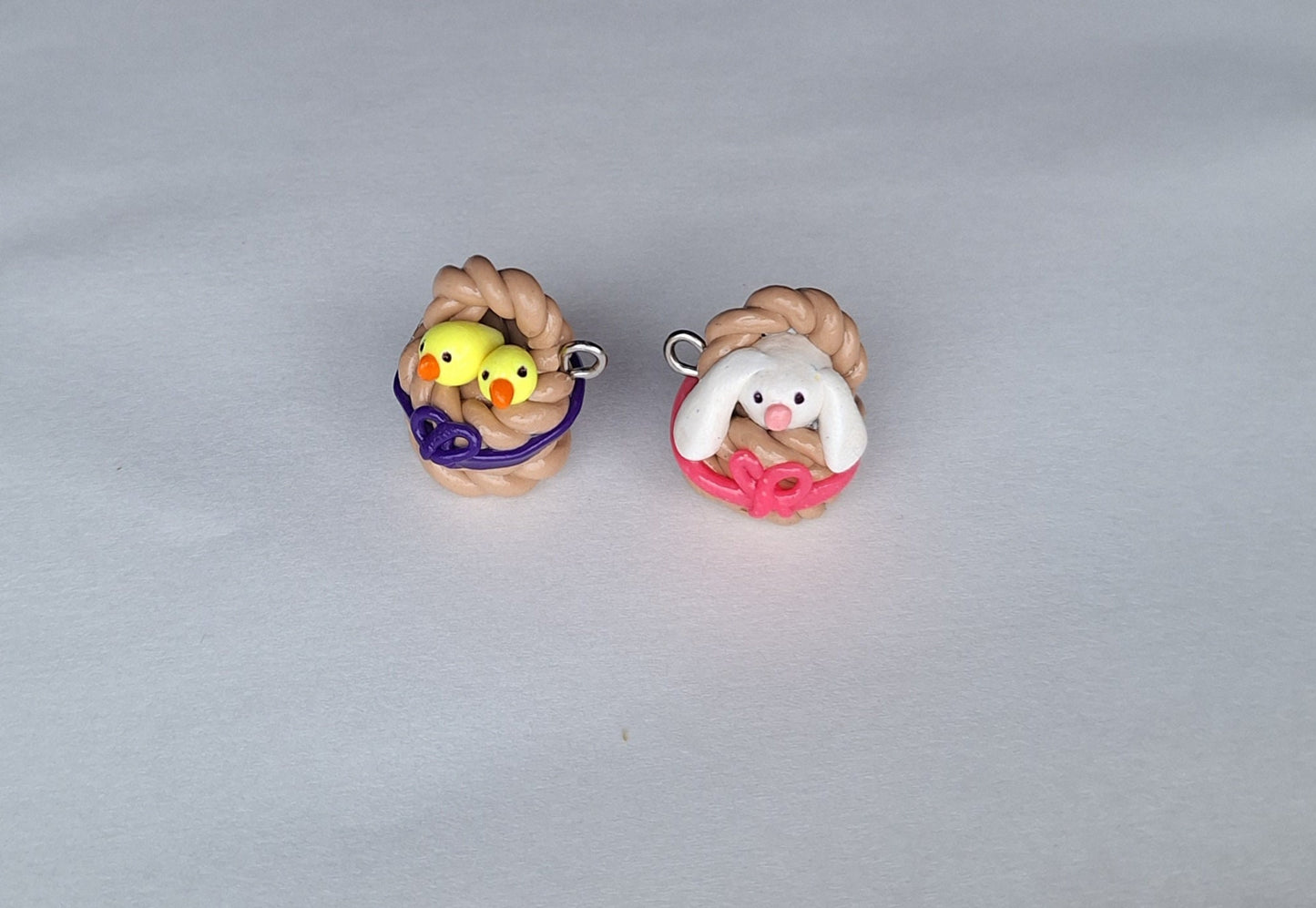 Kawaii chics in basket charms / polymer clay baby chicken charms / bunny in basket easter charms / kawaii chic bunny jewelry stitch marker