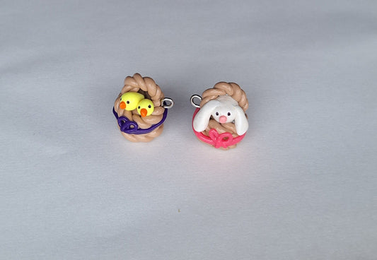 Kawaii chics in basket charms / polymer clay baby chicken charms / bunny in basket easter charms / kawaii chic bunny jewelry stitch marker
