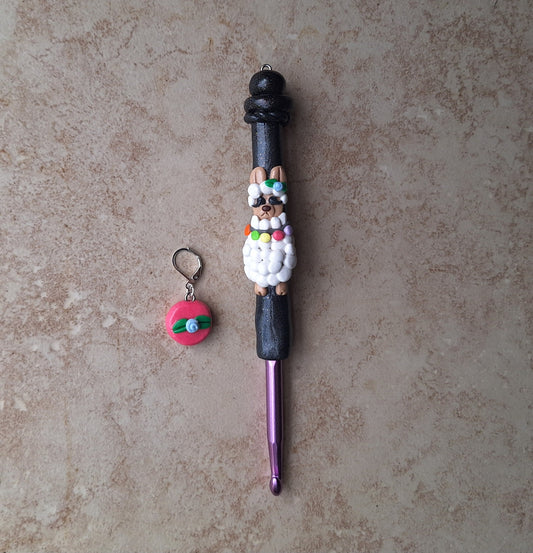 Polymer clay colorful llama crochet hook with stitch marker