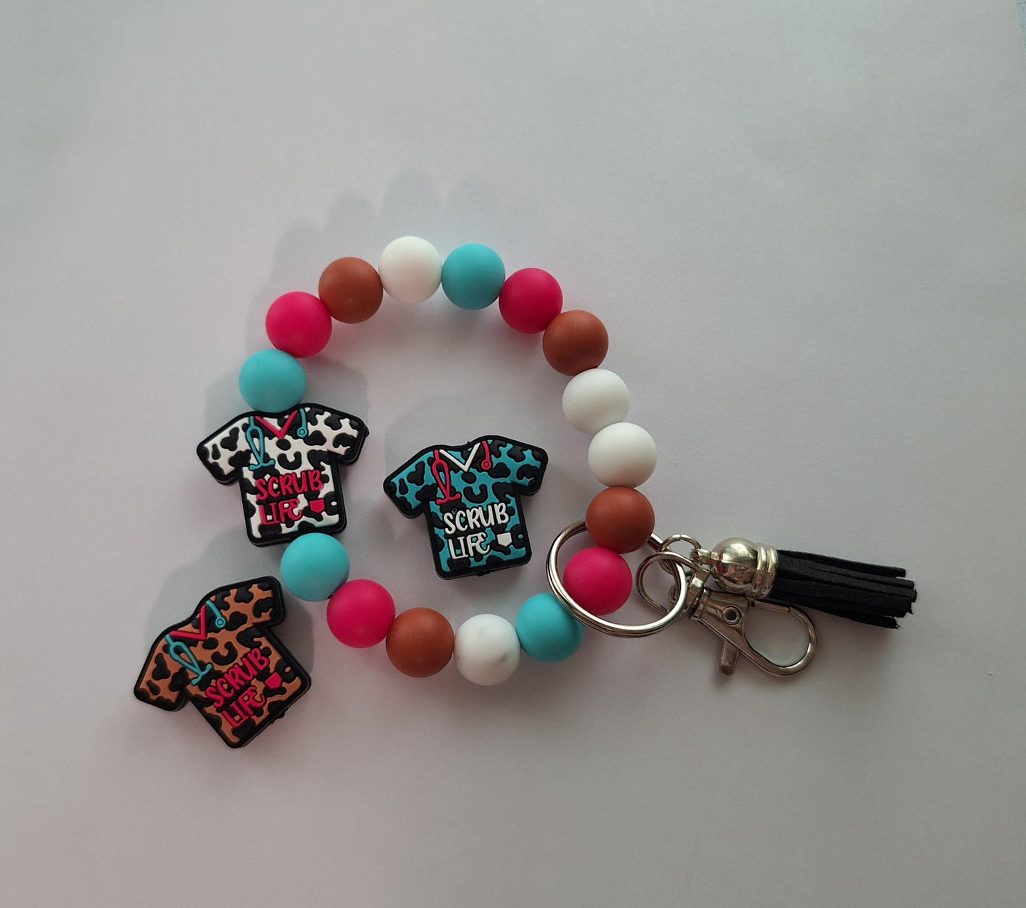 Silicone beaded wristlet keychain / scrub life nurse medical assistant silicone wristlet keychain / leopard print bag accessories key chain