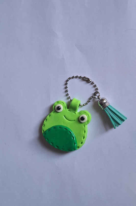 Polymer clay green frog faux leather look stitch style keychain / cute clay frog bag accessories key chain
