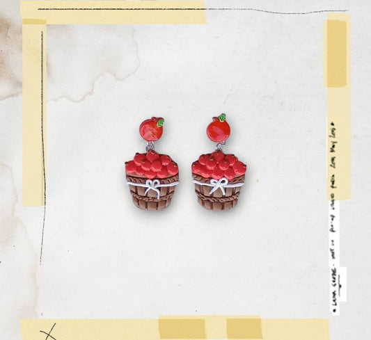 Kawaii apple earrings / polymer clay apple orchard basket stud dangle earrings / kawaii apple fall jewelry / clay autumn earrings