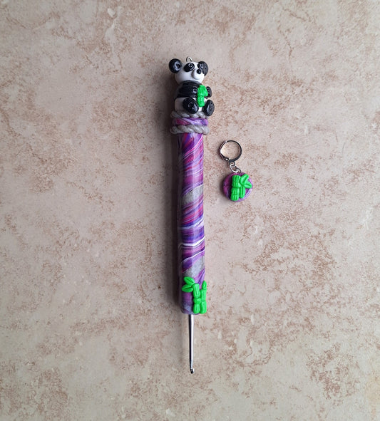 Polymer clay purple swirl panda bamboo crochet hook with stitch marker