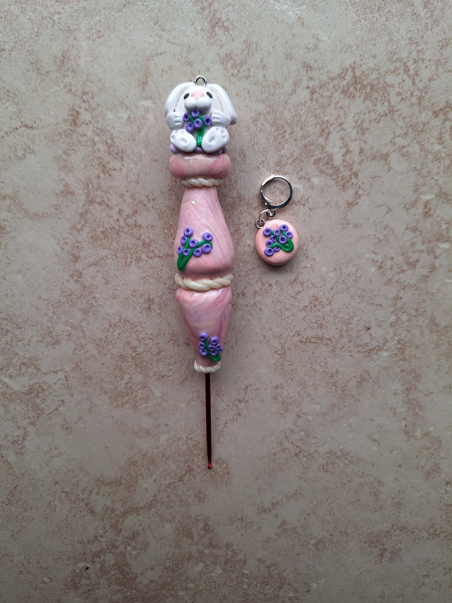 Polymer clay cute lavender bunny rabbit crochet hook with stitch marker