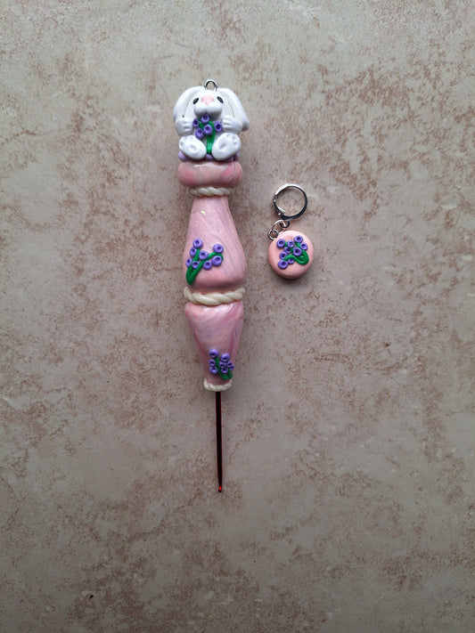Polymer clay cute lavender bunny rabbit crochet hook with stitch marker