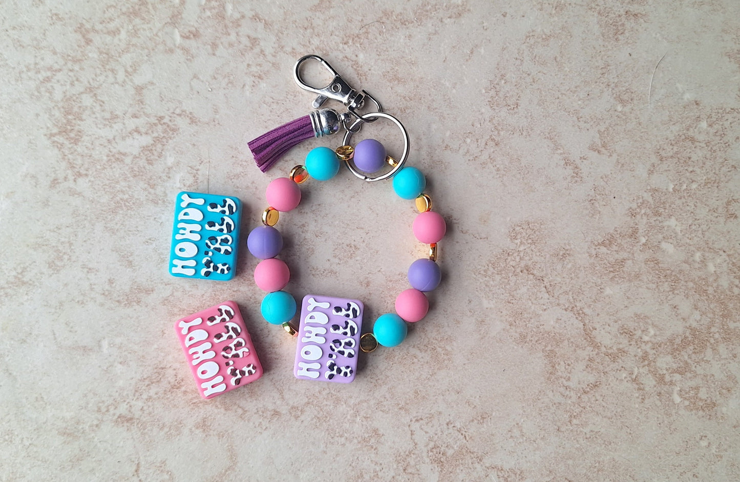 Silicone beaded wristlet keychain / howdy yall silicone beaded wristlet cow keychain / howdy yall cowprint bag accessories key chain gift