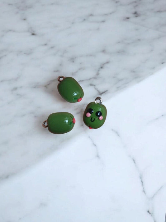 Polymer clay green olive charms / cute kawaii clay olive mini food with face charms jewelry stitchmarker progress keeper notions
