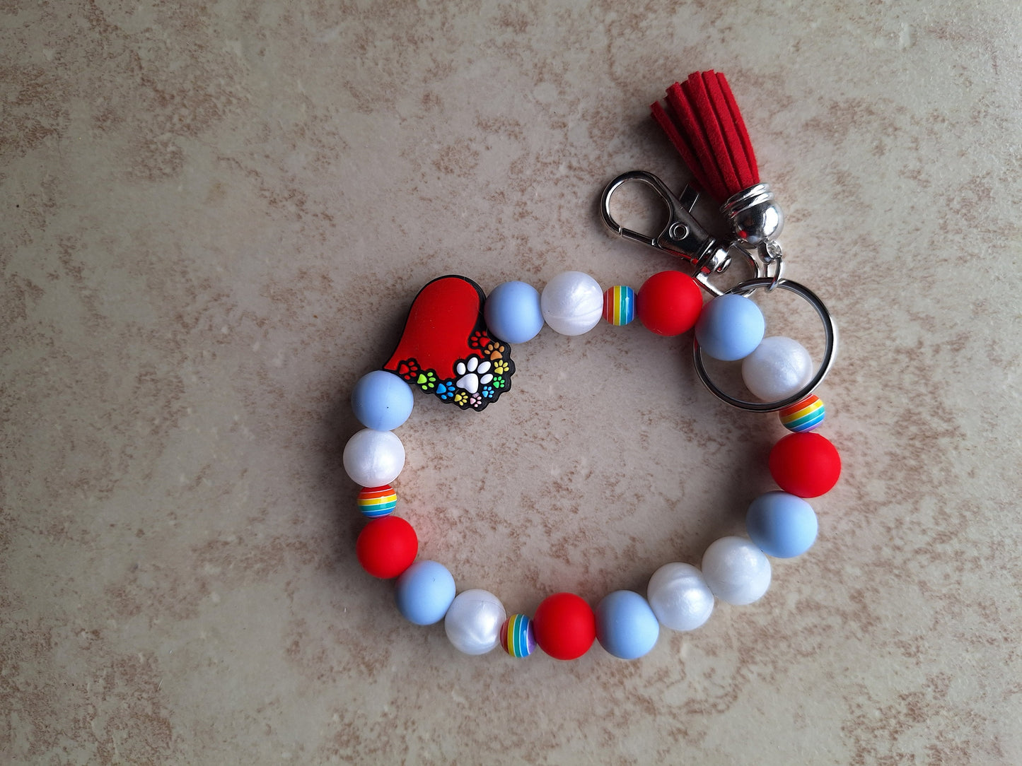 Silicone beaded wristlet keychain / dog mom rainbow pawprint silicone beaded wristlet keychain / heart paw bag accessories key chain gift