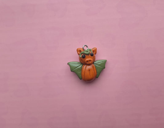 Kawaii orange pumpkin bat charm / polymer clay halloween charms pumpkin patch / clay charm jewelry / bat charm stitch marker progress keeper