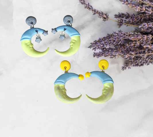 Kawaii sleepy moon earrings / polymer clay moon star earrings / kawaii space jewelry / clay sleepy moon and stars