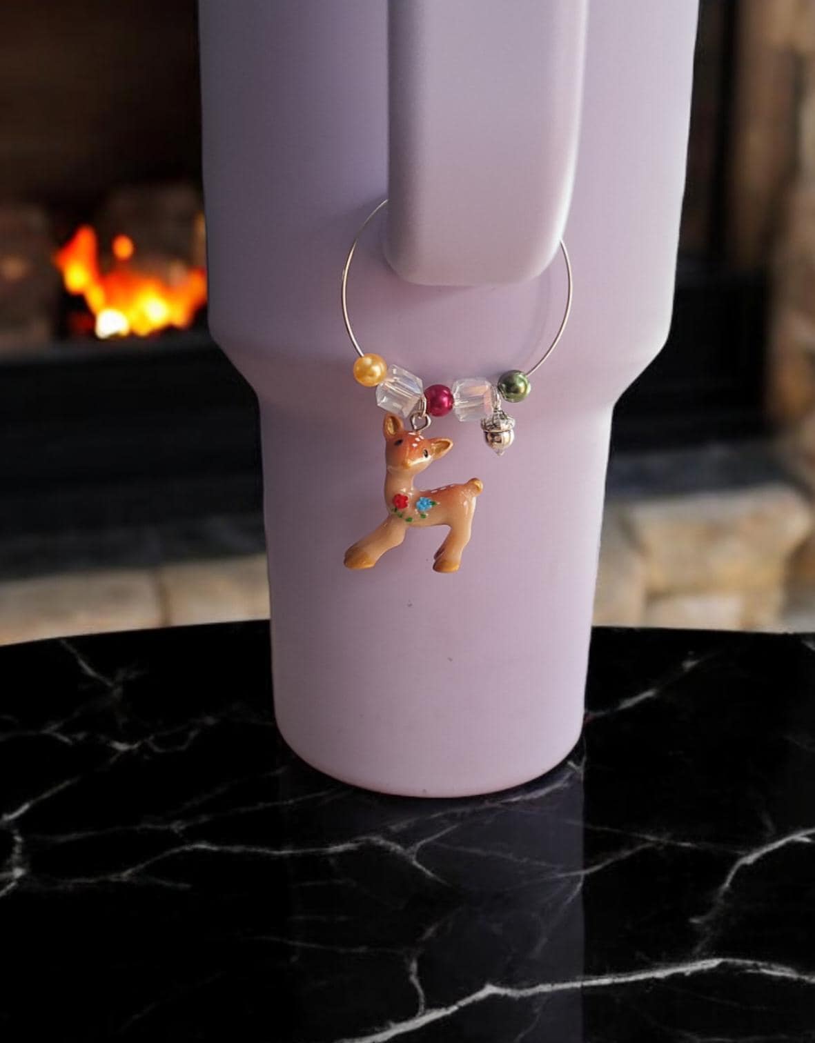 kawaii faux pearl autumn deer straw charm tumbler accessories / tumbler handle charm buddy / floral fall deer acorn cup handle charm
