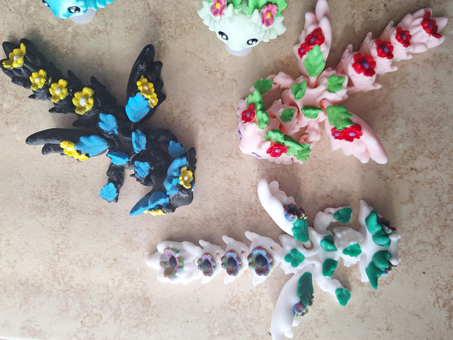 3D articulated floral axolotl dragon kosha / dragon straw cap / axolotl straw topper cover / 3d printed tumbler accessories
