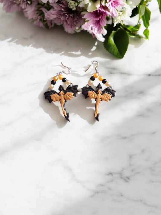 Kawaii clay black dragon fantasy earrings / polymer clay gold dragon earrings jewelry / clay dragon fantasy jewelry
