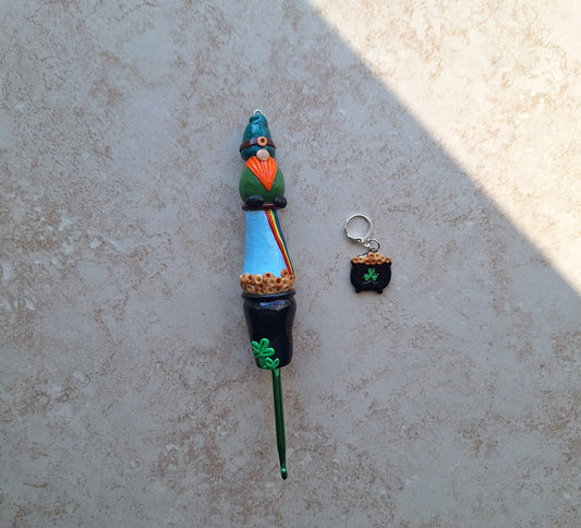Polymer clay st Patrick's day irish gnome rainbow crochet hook