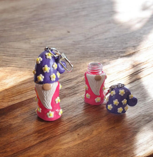 Polymer clay floral gnome keychain jar / cottage core purple pink daisy clay garden gnome keychain / functional keychain key chain gift