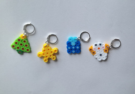 Stitch markers set 4 christmas bundle / tree star snowman present perler bead set of four holiday cuties progress keeper pixel style