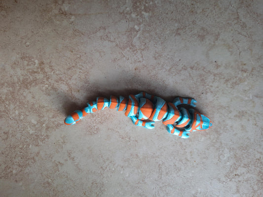 3D articulated teal orange baby chameleon / 3d printed chameleon / 3d printed animals figurine knick knack Fidget