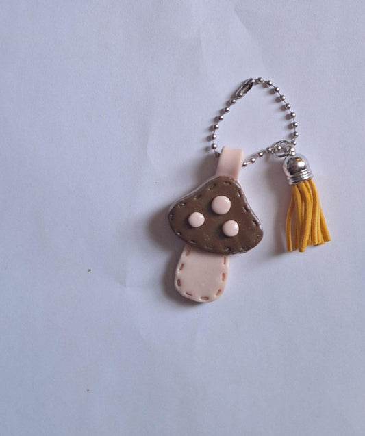 Polymer clay mushroom toadstool faux leather look stitch style keychain / cute clay toadstool bag accessories porcupine key chain