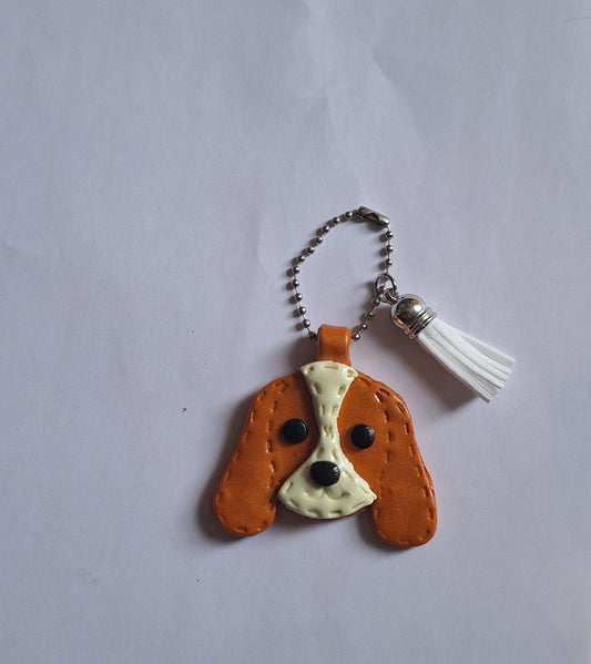 Polymer clay puppy dog faux leather look stitch style keychain / cute clay dog bag accessories key chain