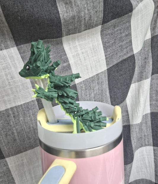 3D articulated two tone green bamboo dragon straw cap / 3d printed dragon animals / bambo tadling dragon straw topper cover Fidget figurines