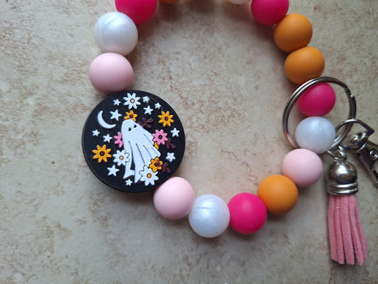 Silicone beaded wristlet keychain / fall halloween beaded wristlet ghost keychain / groovy floral ghost bag accessories key chain gift