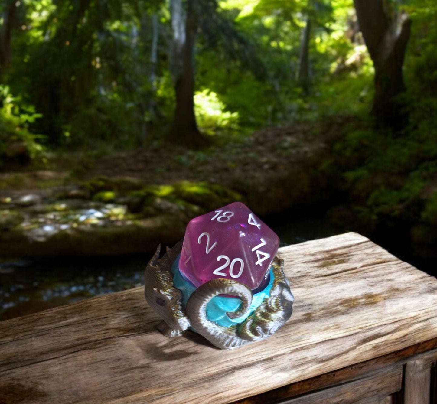 3D printed small gold silver teal metallic dragon dice guardian / 3d dragon dice buddy / 3d printed d20 dice guardian
