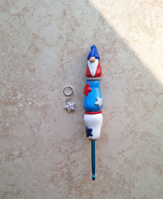 Polymer clay red white blue star gnome 4th of July crochet hook