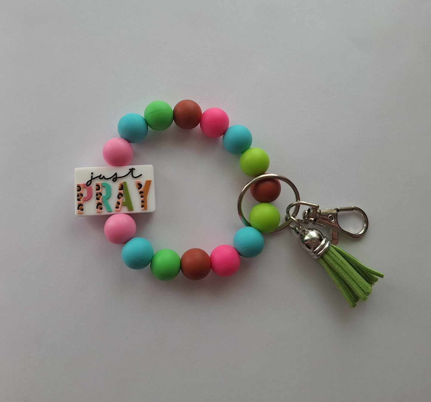 Silicone beaded wristlet keychain / leopard print just pray silicone beaded wristlet keychain / religious faith bag accessories key chain