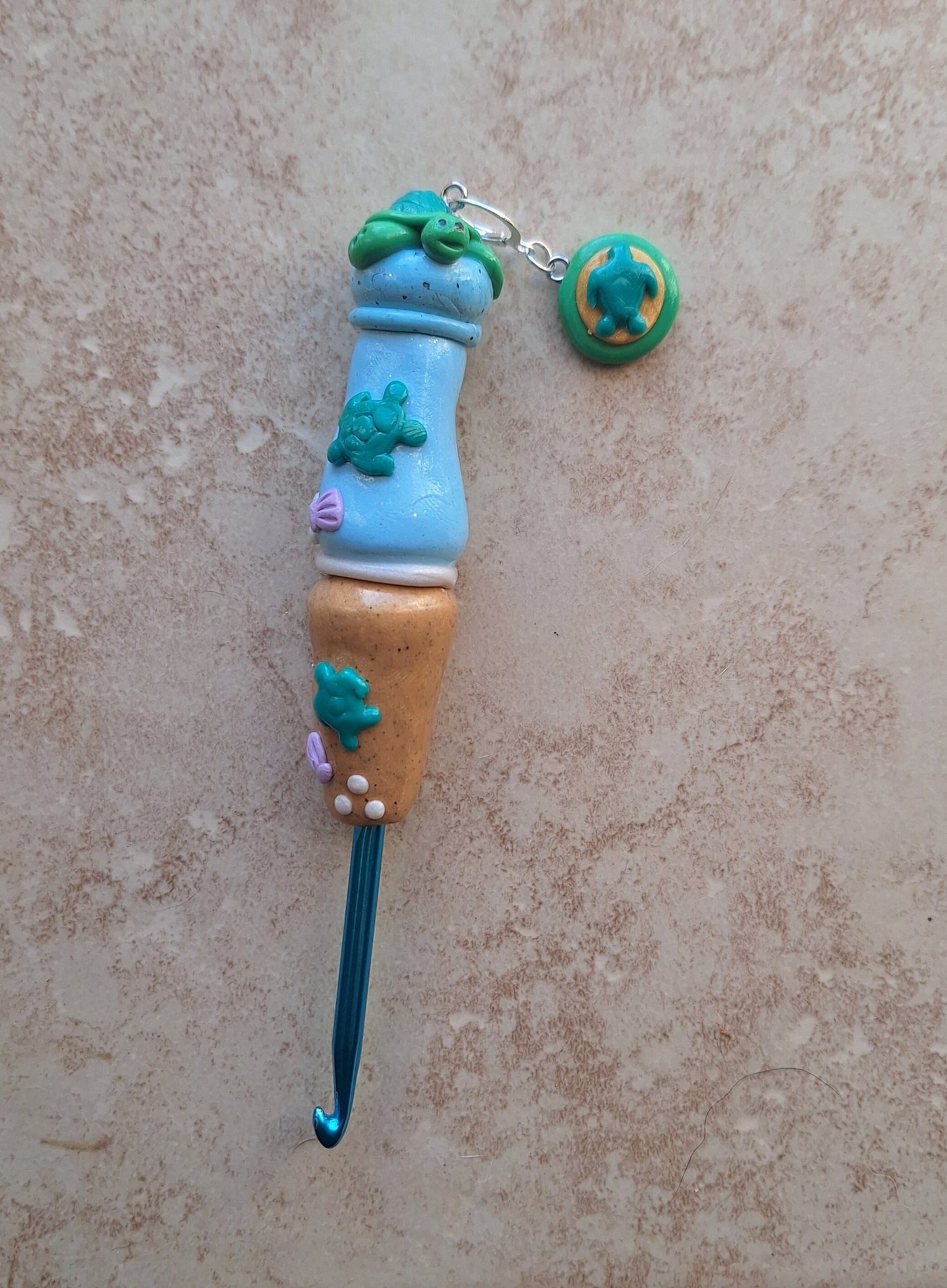 Polymer clay Beach sea turtle crochet hook