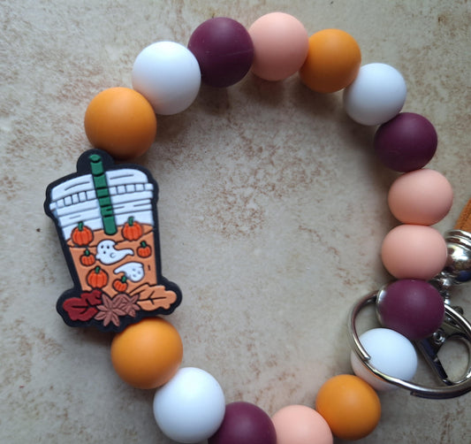 Silicone beaded wristlet keychain / fall pumpkin spice beaded coffee wristlet keychain / halloween boba ghost bag accessories key chain gift