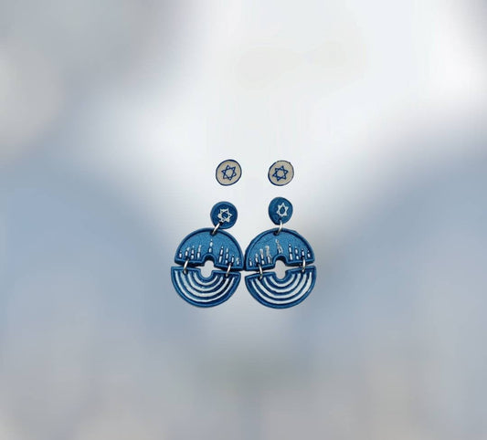 Kawaii blue silver white menorah earrings / clay menorah dangle earrings / clay Hanukkah earrings / clay star of David jewelry