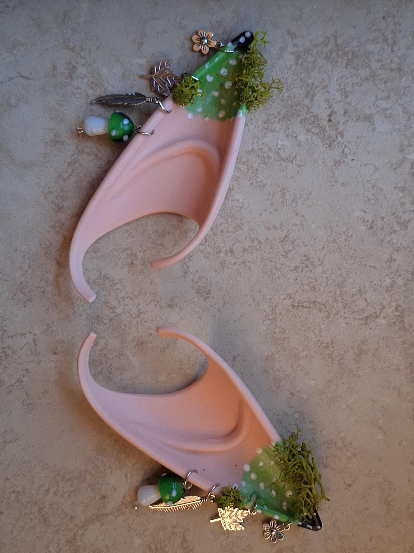 Green mushroom toadstool rubber fairy pixie elf ears / halloween costume accessory cosplay elf ears / painted elf ears with earrings
