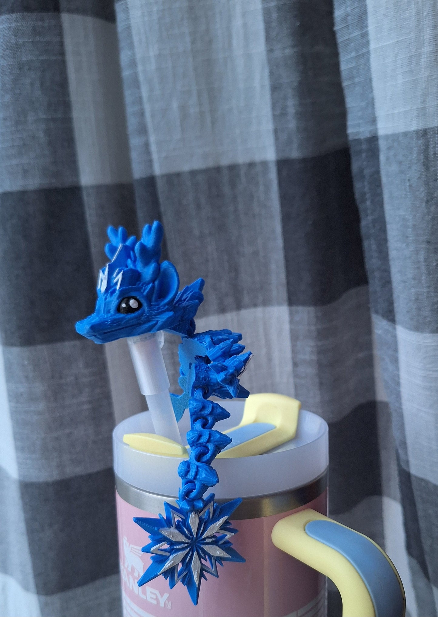 3D articulated blue snow dragon straw cap / 3d printed dragon animals / Ice snow winter dragon straw topper cover Fidget figurines