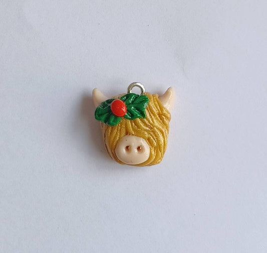 Kawaii christmas highland cow charms / polymer clay floral cow charms / kawaii cow bull charms / kawaii cow jewelry / holiday charms