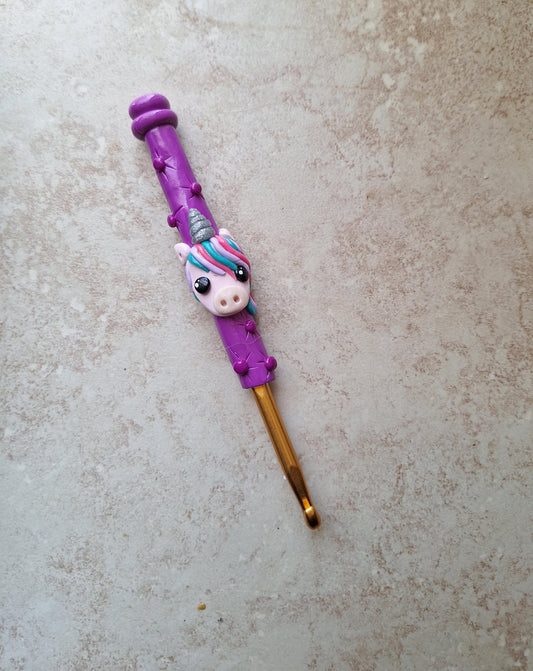 Polymer clay purple teal pink unicorn crochet hook