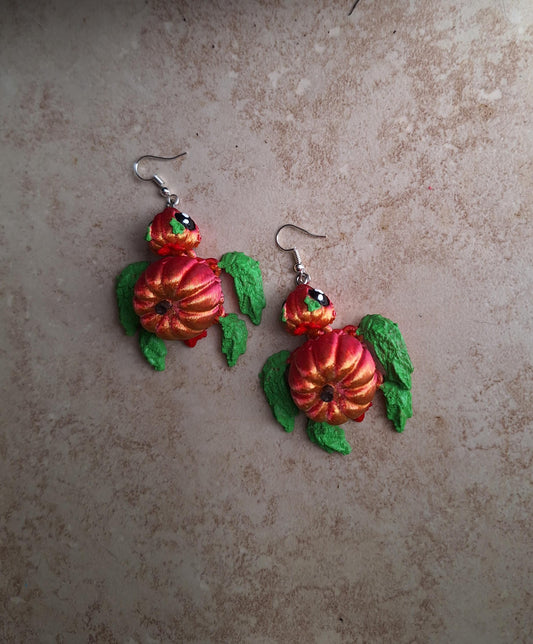 3D articulated red orange pumpkin turtle jewelry earrings charm / 3d printed turtle animal halloween fall pumpkin dangle earrings Fidget