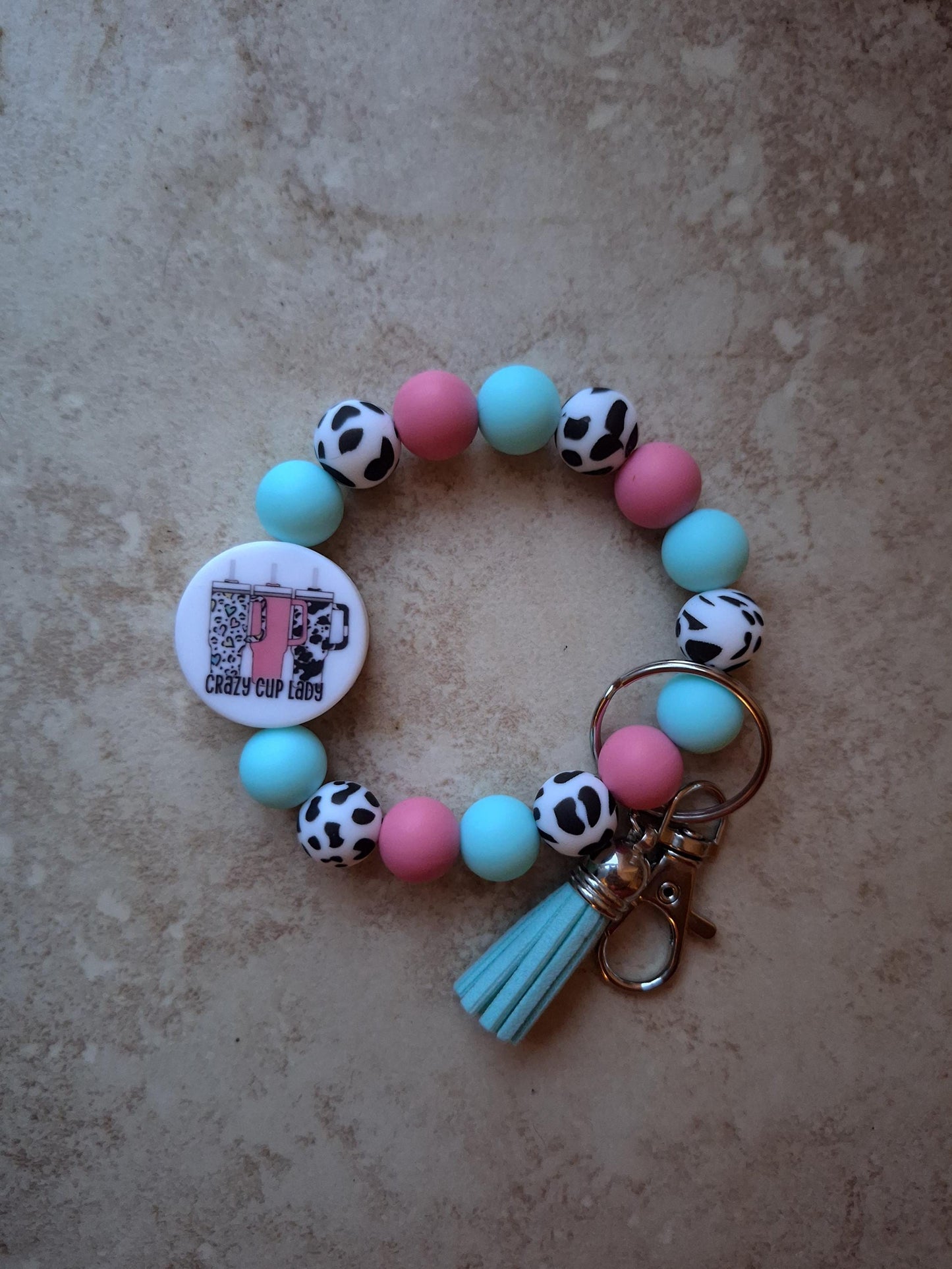 Silicone beaded wristlet keychain / crazy cup lady silicone beaded wristlet keychain / cup tumbler bag accessories key chain