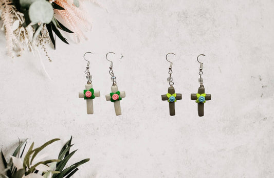 Kawaii floral cross earrings / polymer clay rose cross dangle earrings / clay faith Christian jewelry / floral rose cross earrings