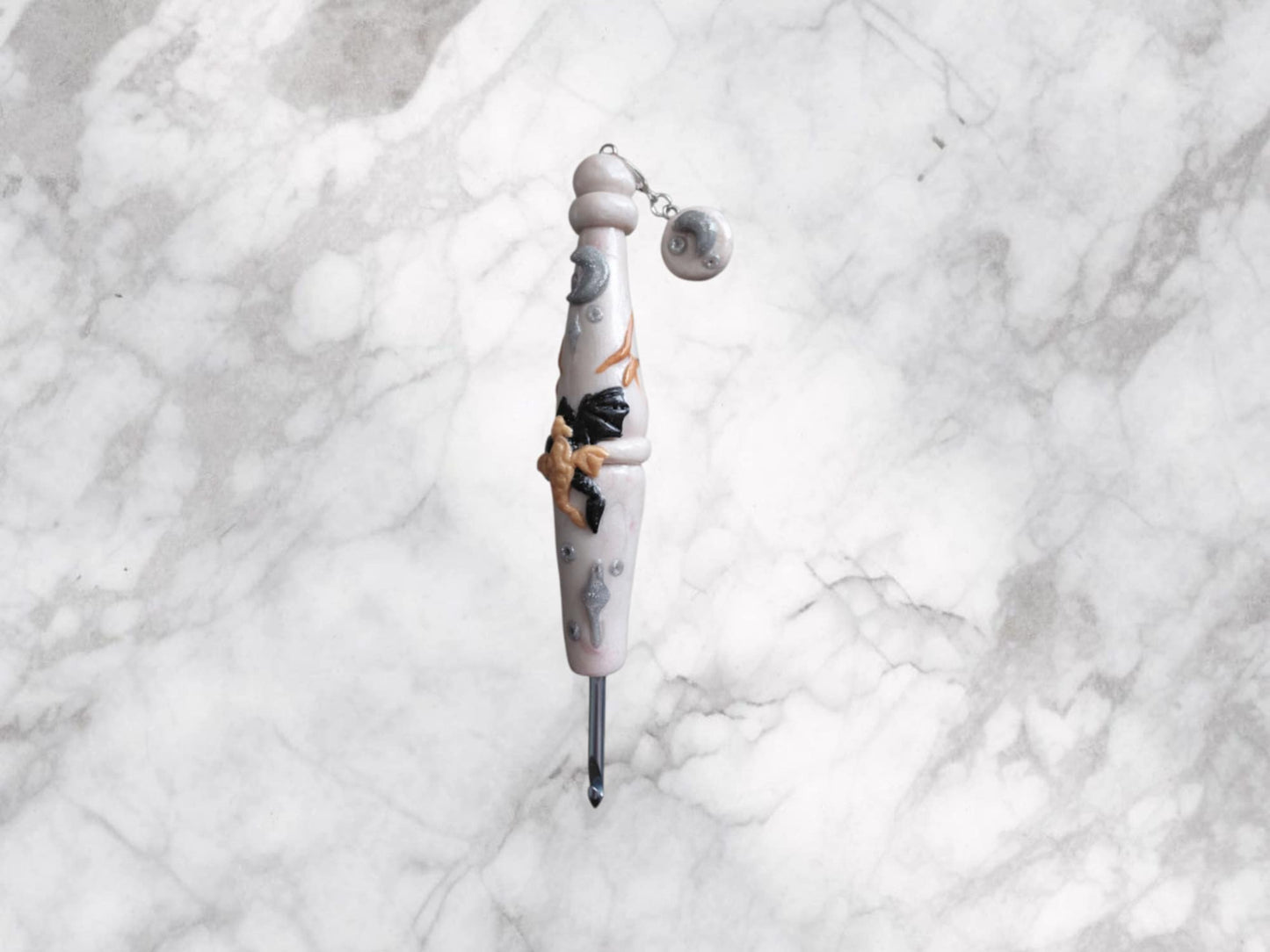 Handmade Polymer clay white black gold celestial dragon crochet hook with stitch marker