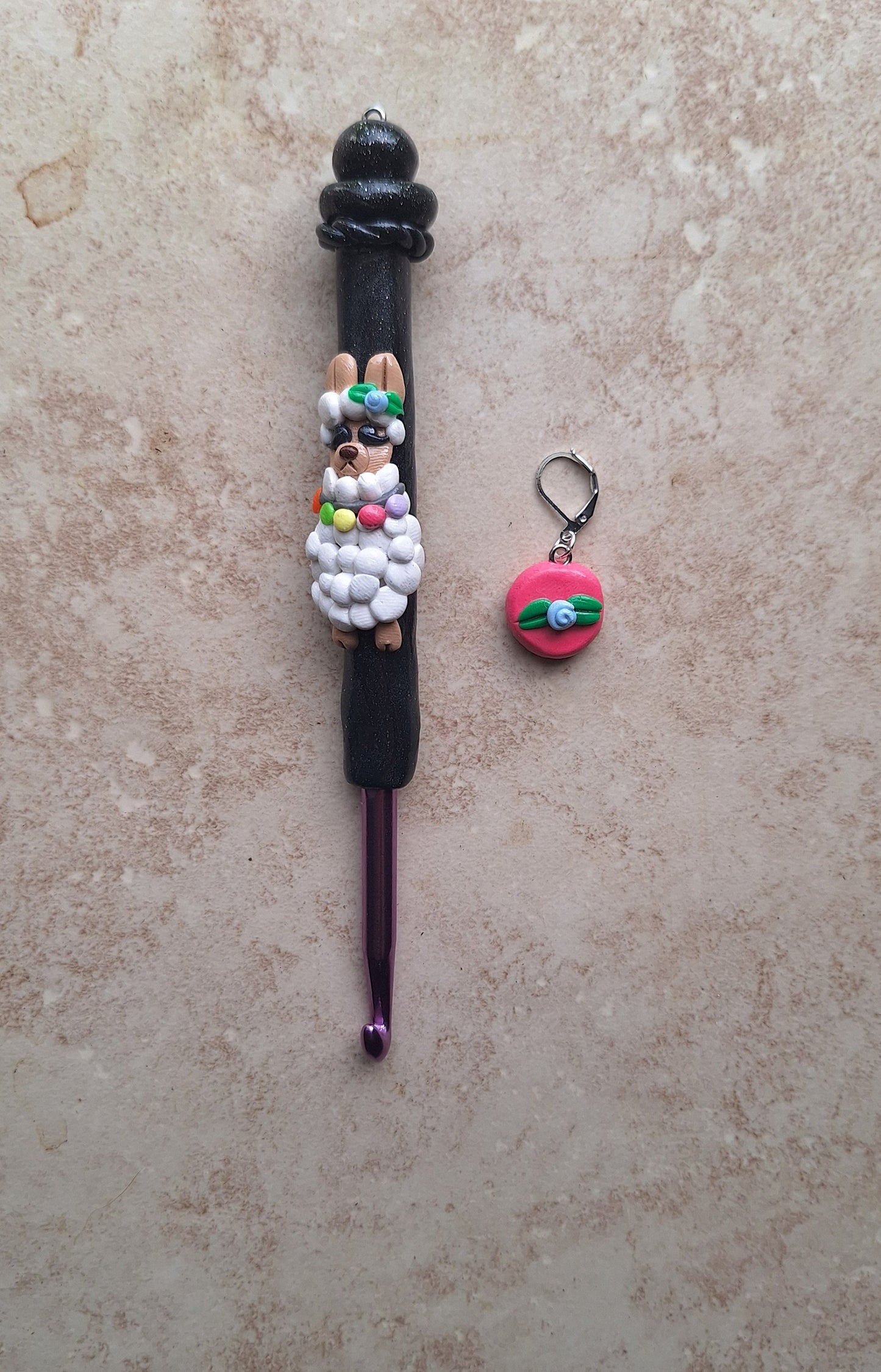 Polymer clay colorful llama crochet hook with stitch marker