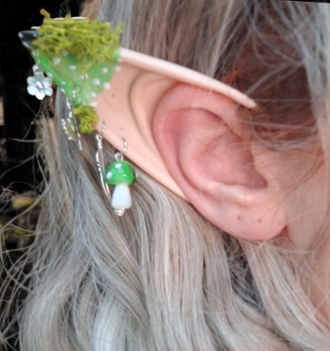 Green mushroom toadstool rubber fairy pixie elf ears / halloween costume accessory cosplay elf ears / painted elf ears with earrings