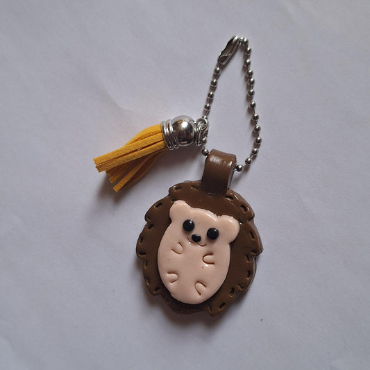 Polymer clay hedgehog faux leather look stitch style keychain / cute clay hedgehog bag accessories porcupine key chain
