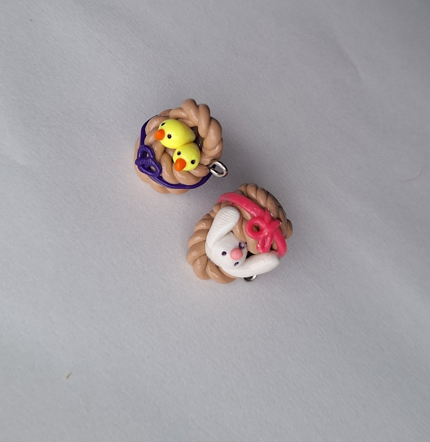 Kawaii chics in basket charms / polymer clay baby chicken charms / bunny in basket easter charms / kawaii chic bunny jewelry stitch marker
