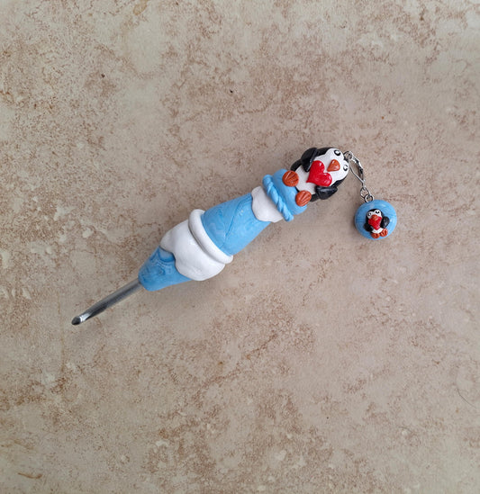 Polymer clay icy heart penguin crochet hook with stitch marker
