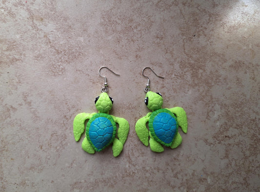 3D articulated green teal sea turtle earrings jewelry / 3d printed turtle animal ocean beach turtle dangle earrings Fidget