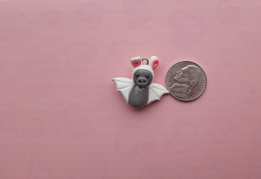 Kawaii bunny rabbit bat charm / polymer clay holiday charms / clay charm jewelry / bat charm stitch marker progress keeper